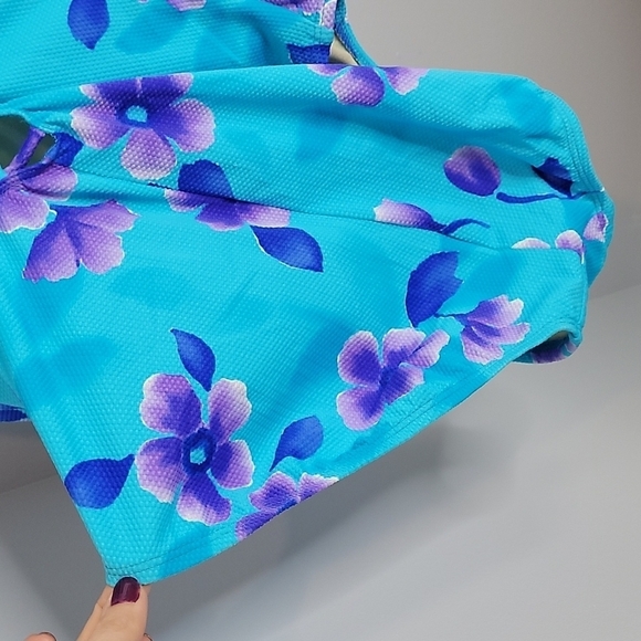 Sessa Turquoise blue & purple floral print one piece Swimsuit Strappy Back 14 - Picture 9 of 11